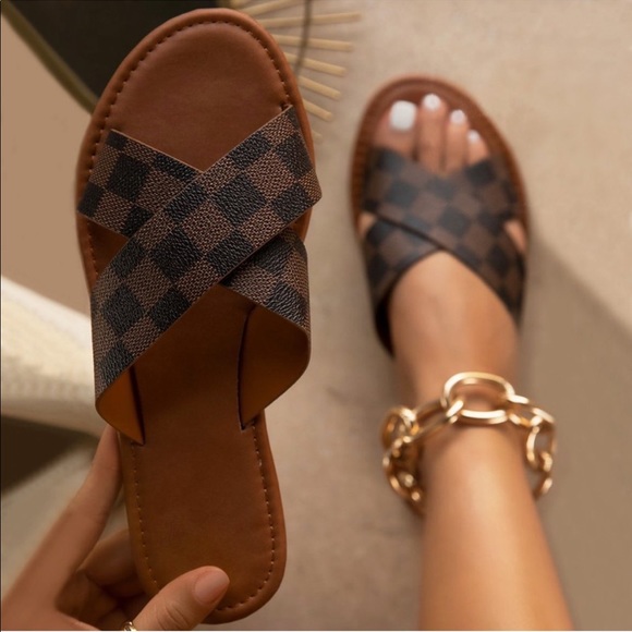 Brown Checkered Criss Cross Sandal - Picture 1 of 9